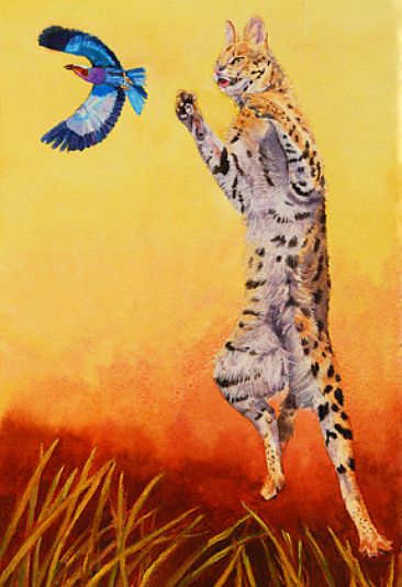 Cat and bird flying - African serval trying to catch a Lilac Breasted Roller by Linda DuPuis-Rosen