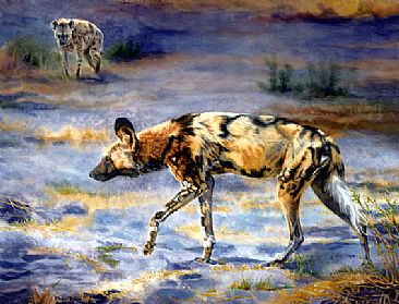 Painted Dog and Hyena - Painted dog and hyena of Africa by Linda DuPuis-Rosen