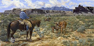 Latest Work - Western Lanscape with cowboy and cows by Taylor White