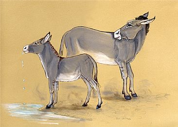 Dusty Waterhole - Wild burros by Pat Latas