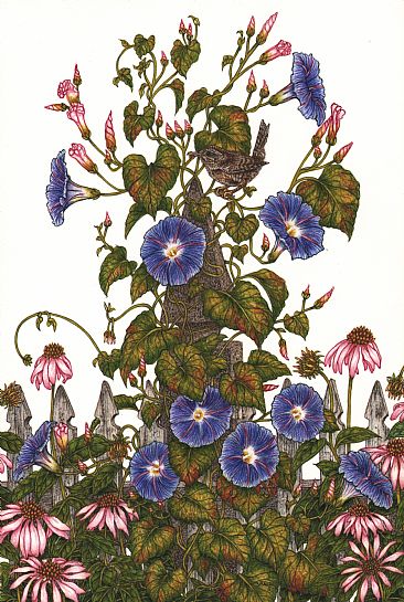 Ring Around the Rosie - Morning glories on post with a House wren by Vicki Renn