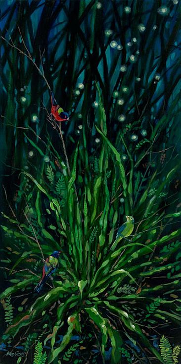 Night Moves - Female and two male Painted Buntings with Strap Fern in a Cypress Hammock by Megan Kissinger