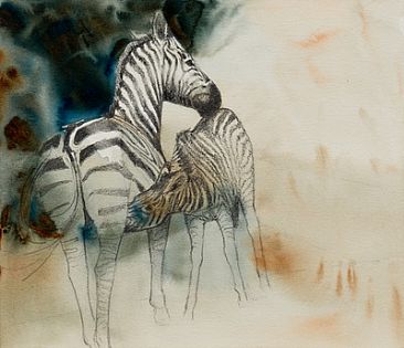 Comforting Moment - Zebra Mare and Foal by Peggy Sowden