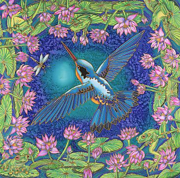 Over A Lily Pond - Kingfisher and water lilies by Kim Toft