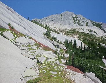 Trail to Vicuna Peak - Painting of a trail through moraine of bleached rock by Ken  Nash