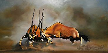 When the Dust Settles - Battle of 2 male Oryx by Whitney  Kurlan