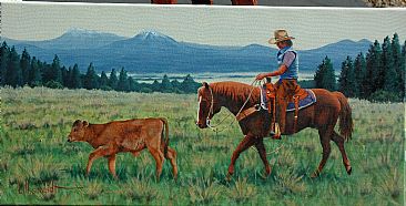 Lost and Found - Mounted cowboy and calf by Bill Scheidt