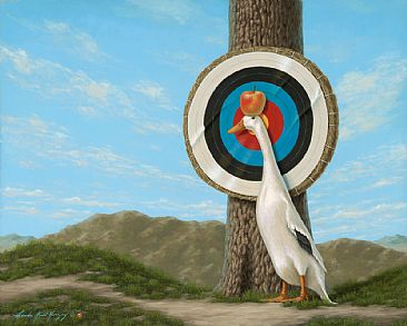 Duck ! - duck, indian runner duck, apple, bullseye, tree by Linda Herzog