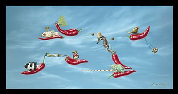 Chili Pepper Skyway - Sky, chili, chili pepper, puffer fish, damsel fish, hummingbird, zebra seahorse, waxy tree frog, frog, snail, endangered snail, butterfly, bell by Linda Herzog