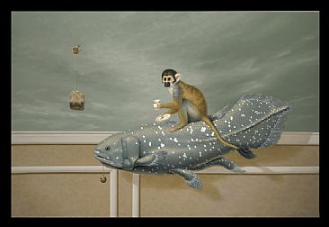 Cup Of Tea On Ear Grey - Squirrell Monkey on Coelacanth Fish by Linda Herzog