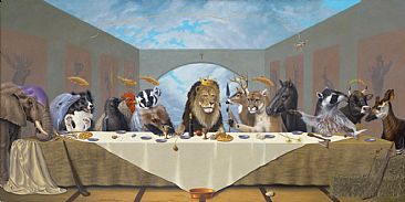 Last Supper - Last Supper, Apostles, deciples, elephant, dolphin, border collie, crow, plymouth Rock Rooster, badger, lion, deer, cougar, mountain lion, horse, greek horse, Andravida horse, raccoon, bull, okapi, King of the jungle, King of the jews, King of kings,  by Linda Herzog