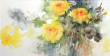 A Guest In The Garden - Yellow Roses & Carolina Wren by Morten Solberg