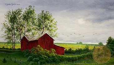 Heartland / Miniature - Landscape with red barn by Linda Rossin