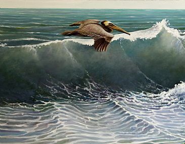 Gliding Over the Breaker - Brown Pelican by Len Rusin