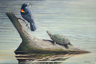 Mid Morning Pause - Red Wing Black Bird and Painted Turtle by Len Rusin