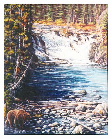 Forces of Nature - Lewis Falls, Yellowstone National Park, Grizzily Bear by Linda Parkinson