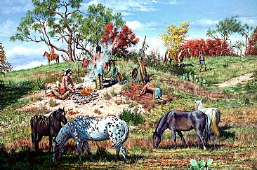 Comanche Hunting Camp - Comanches in camp by Kenneth Helgren