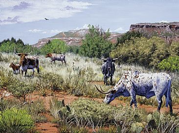 Goodnight's Legacy in Palo Duro Canyon - Longhorn cattle by Kenneth Helgren