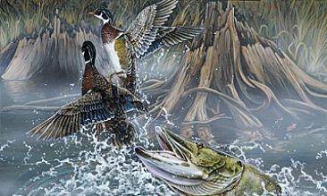 Surface Explosion - Muskellunge and Wood Ducks by Curtis Atwater
