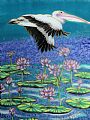 Pelican Over Lilies - pelican flying over water lilies by Kim Toft (2)